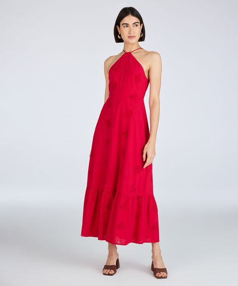 vestido halterneck feminino com laise coqueiro vermelho