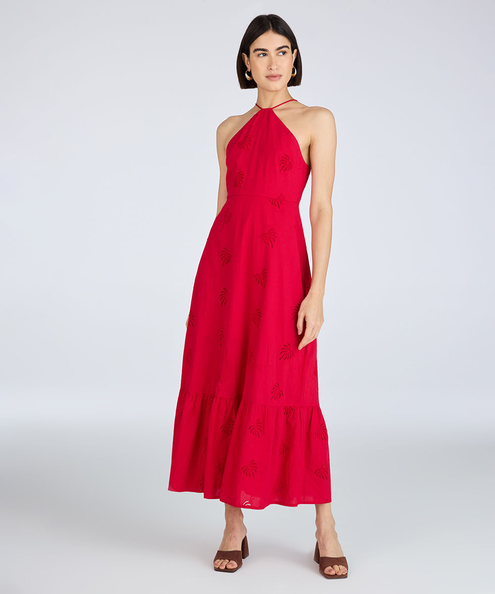 vestido halterneck feminino com laise coqueiro vermelho