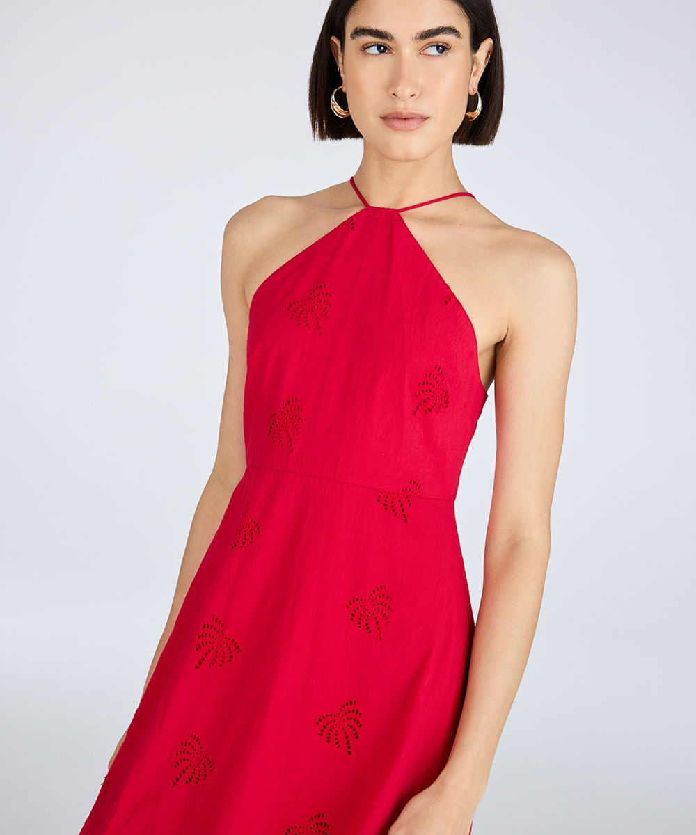 vestido halterneck feminino com laise coqueiro vermelho