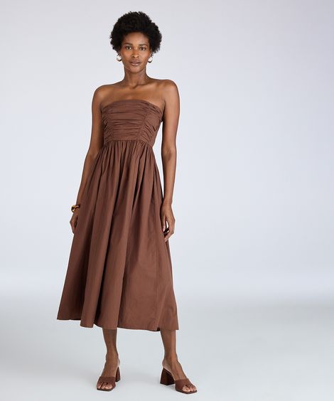 vestido midi feminino sem alça com pregas marrom