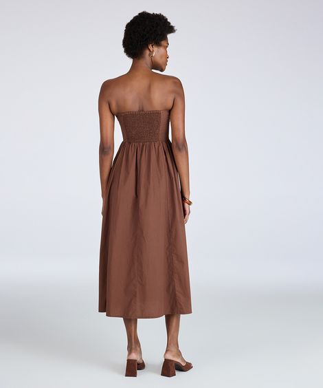 vestido midi feminino sem alça com pregas marrom