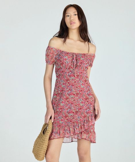 vestido curto de tule com lacinho floral vermelho