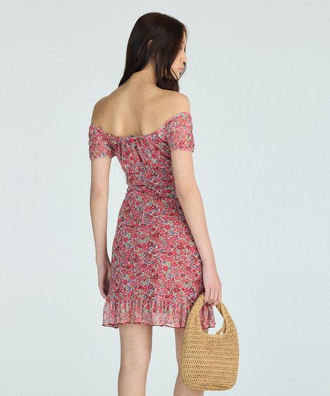 vestido curto de tule com lacinho floral vermelho