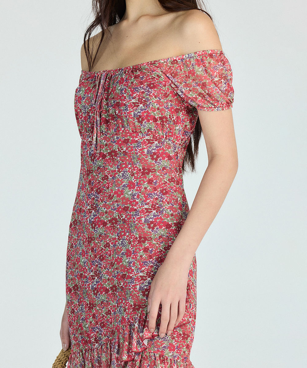 vestido curto de tule com lacinho floral vermelho