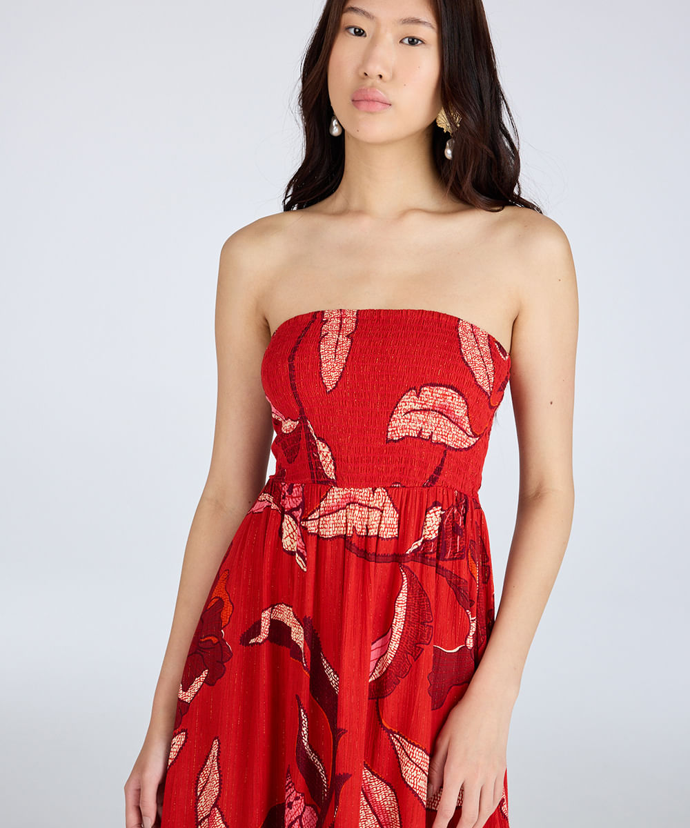 vestido longo feminino de viscose com lurex floral vermelho