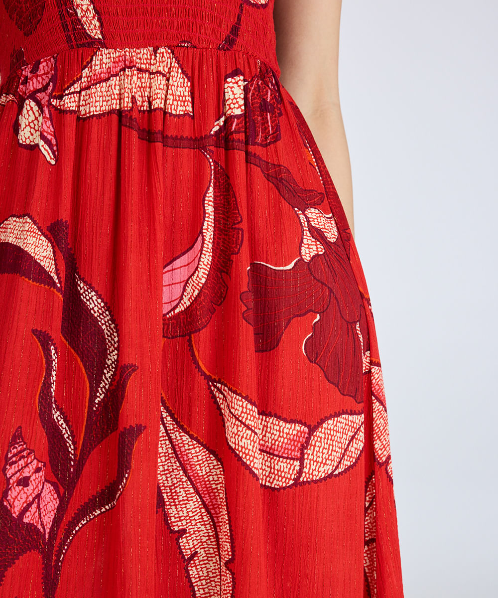 vestido longo feminino de viscose com lurex floral vermelho