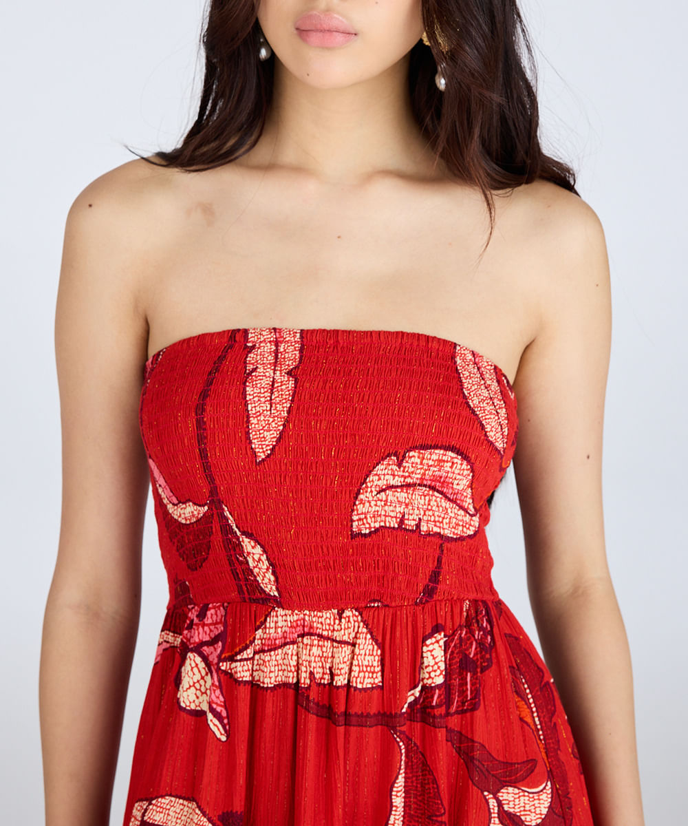 vestido longo feminino de viscose com lurex floral vermelho