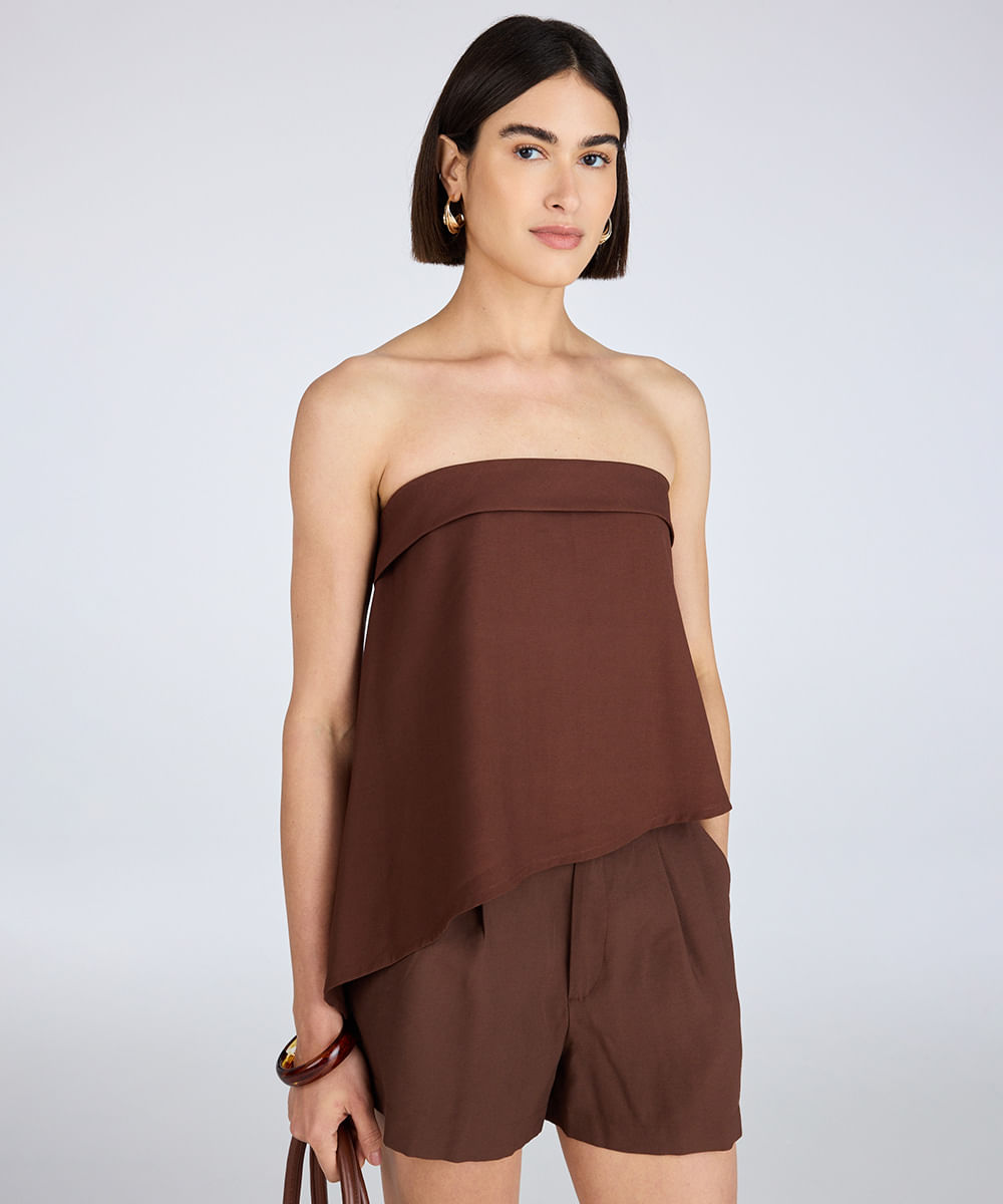 blusa sem alça feminina com viscose assimétrica marrom