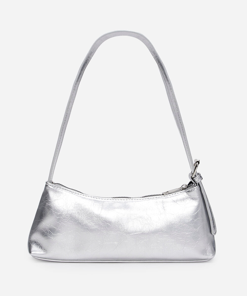 bolsa baguete com fivela metalizada prateada