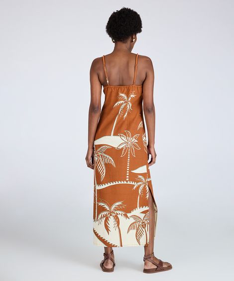 vestido midi feminino alça fina com miçangas coqueiro marrom