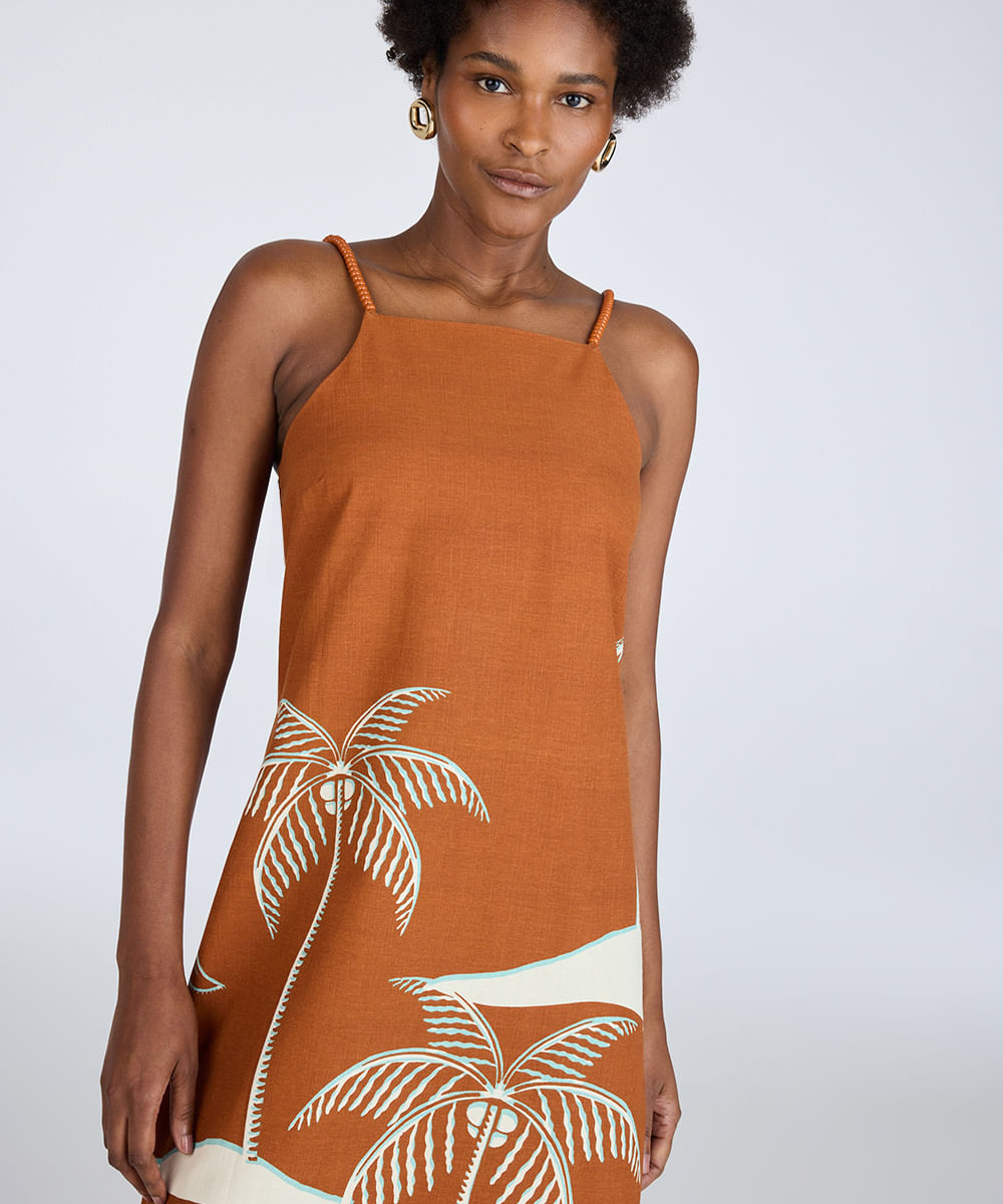 vestido midi feminino alça fina com miçangas coqueiro marrom