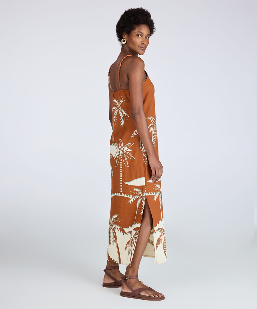 vestido midi feminino alça fina com miçangas coqueiro marrom