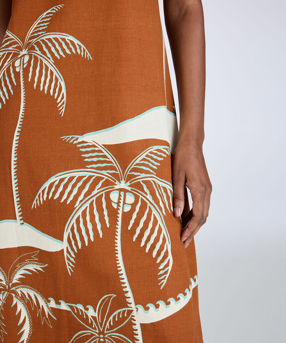 vestido midi feminino alça fina com miçangas coqueiro marrom