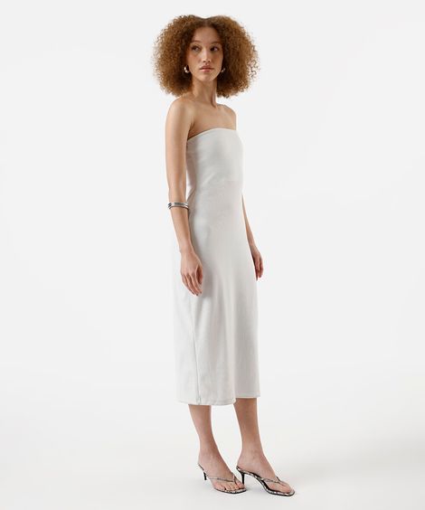 vestido midi sem alça canelado off white