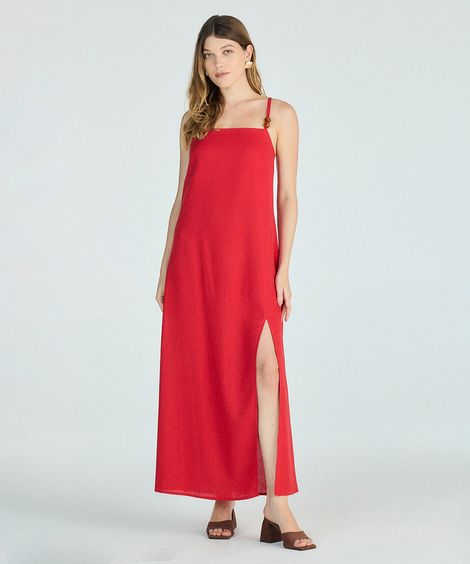 vestido longo alça fina feminino com linho e fenda vermelho