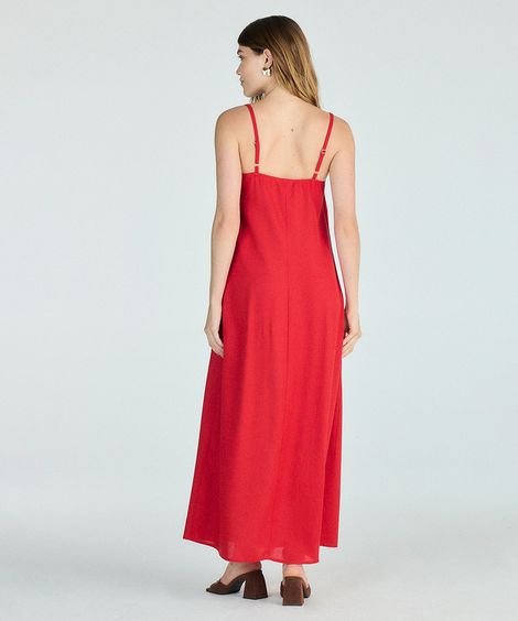vestido longo alça fina feminino com linho e fenda vermelho