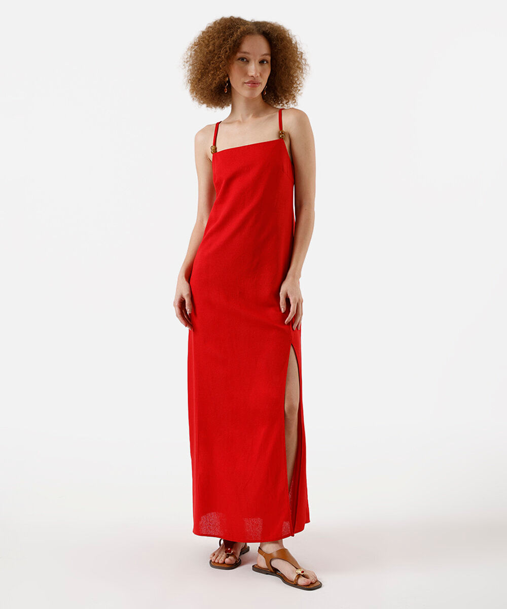 vestido longo alça fina feminino com linho e fenda vermelho