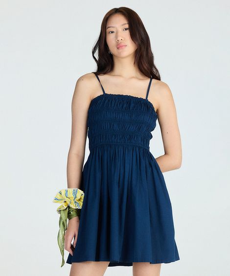 vestido evasê feminino com pregas azul