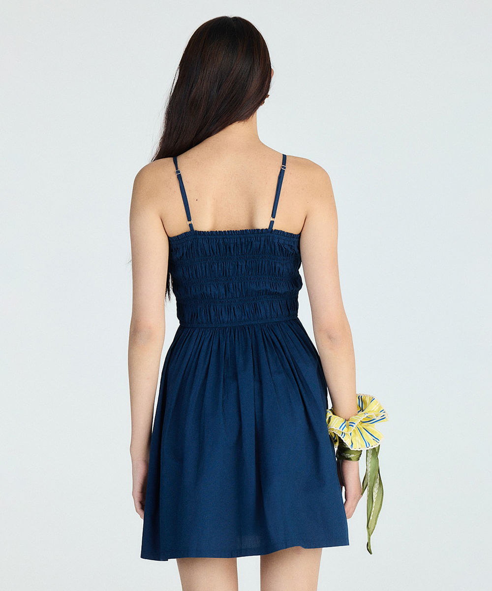 vestido evasê feminino com pregas azul