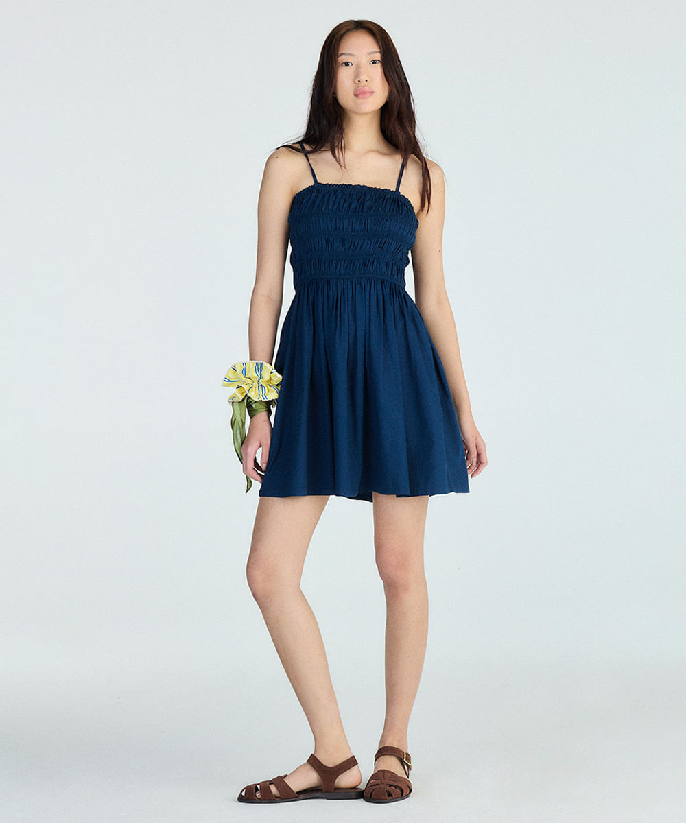 vestido evasê feminino com pregas azul