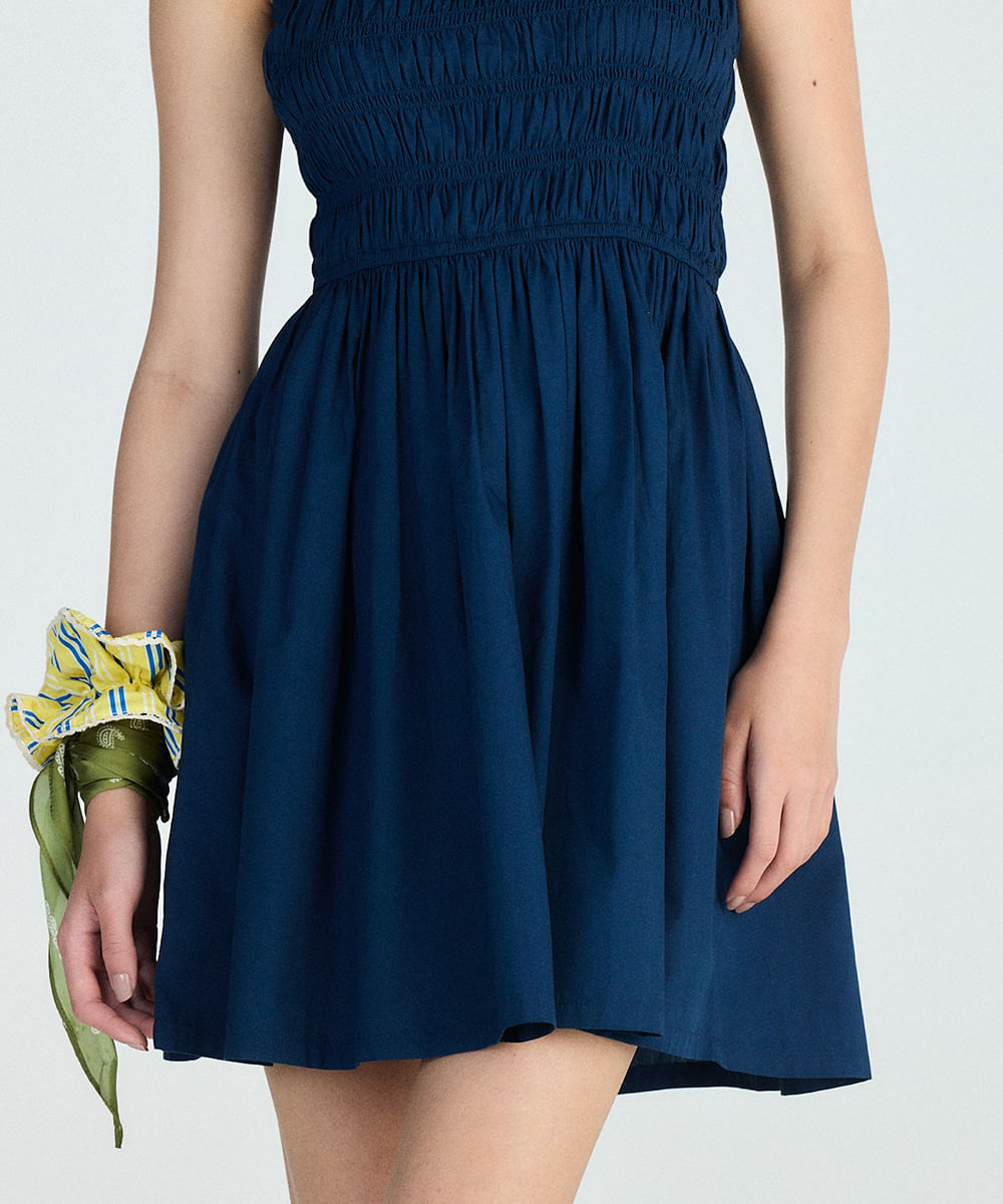 vestido evasê feminino com pregas azul