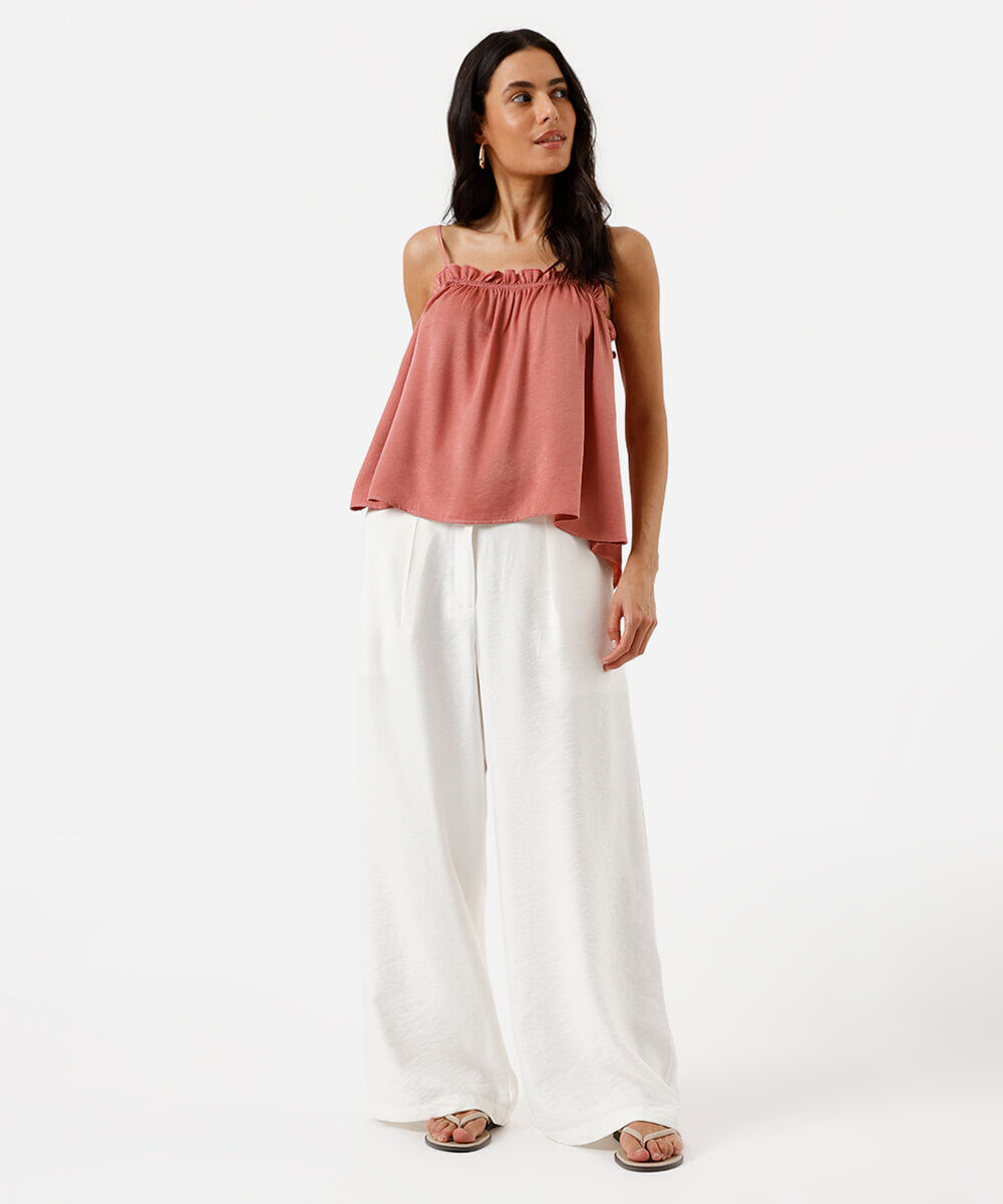 calça feminina wide leg de viscose com pregas off white