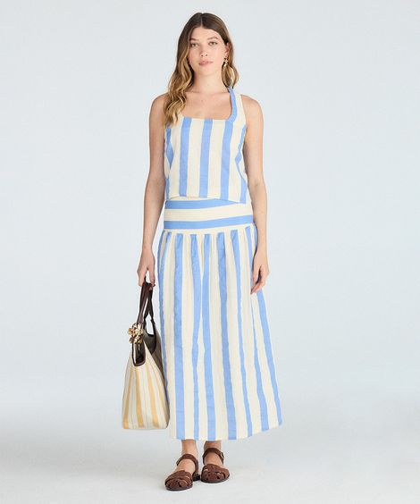 saia midi feminina de algodão listrada azul