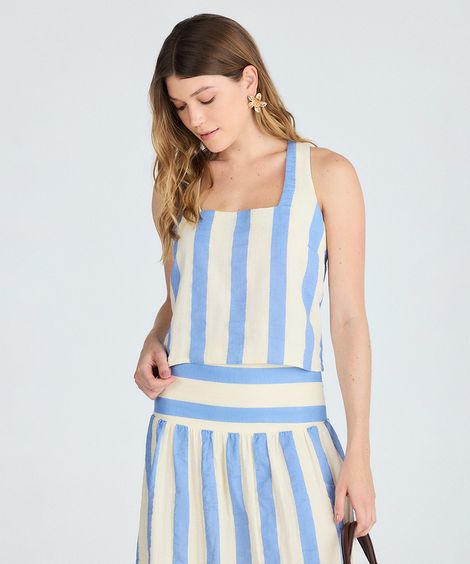 regata feminina de algodão decote quadrado listrada azul