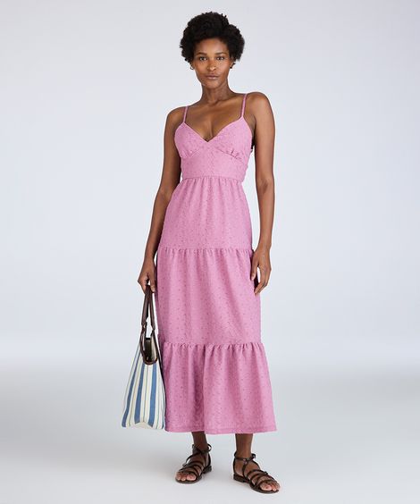 vestido longo feminino de laise com amarração floral lilás