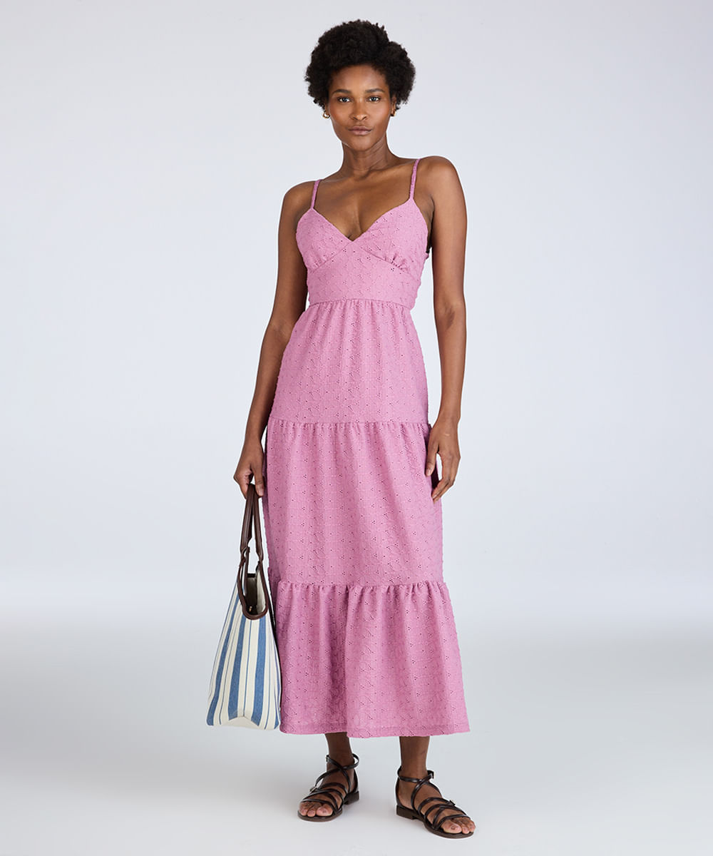 vestido longo feminino de laise com amarração floral lilás