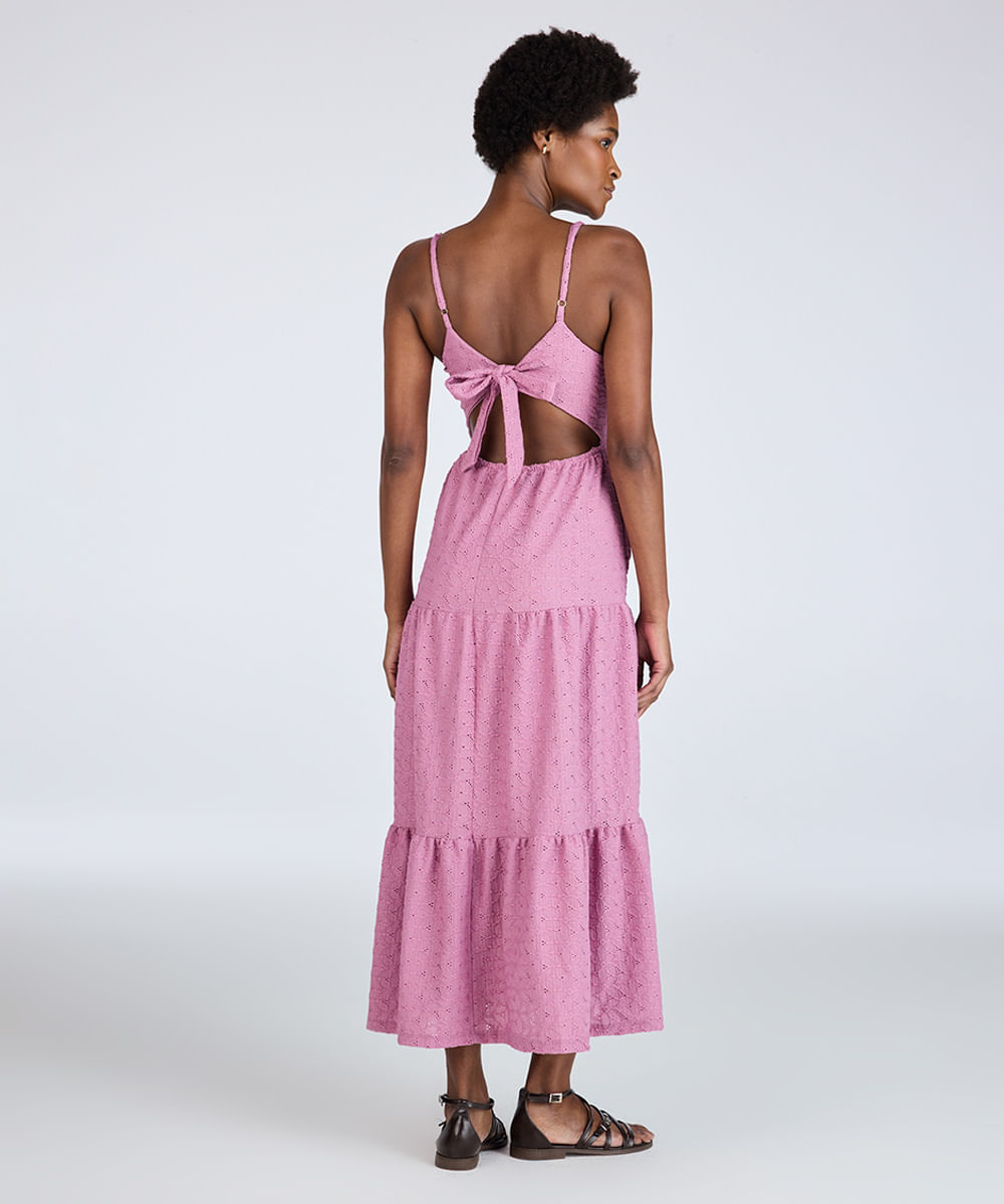 vestido longo feminino de laise com amarração floral lilás