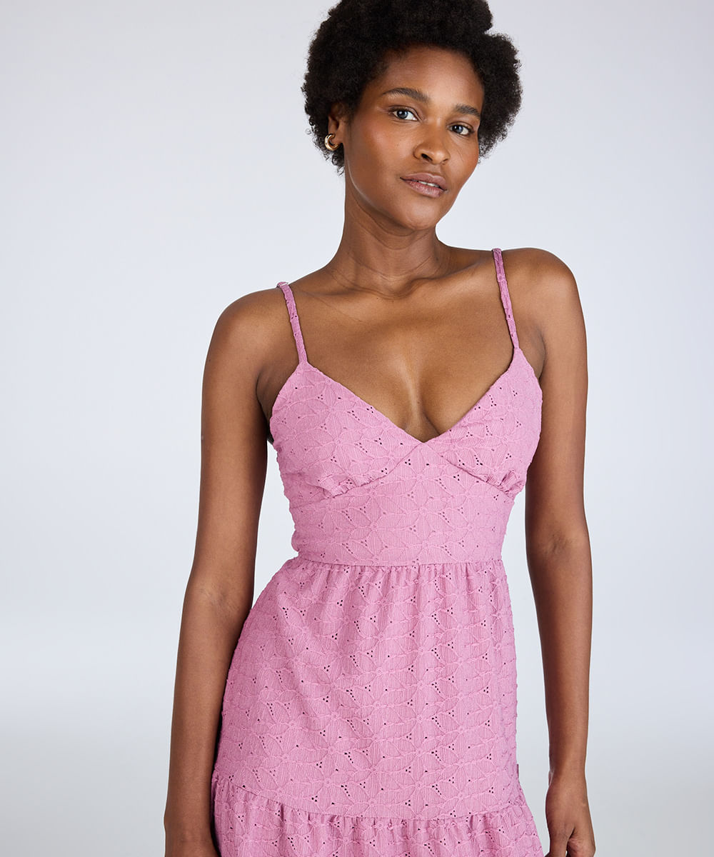 vestido longo feminino de laise com amarração floral lilás