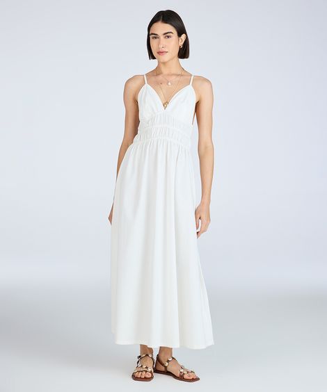 vestido midi feminino de sarja decote v com pregas off white
