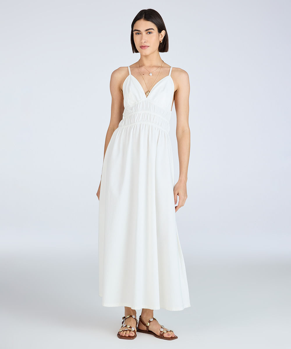 vestido midi feminino de sarja decote v com pregas off white