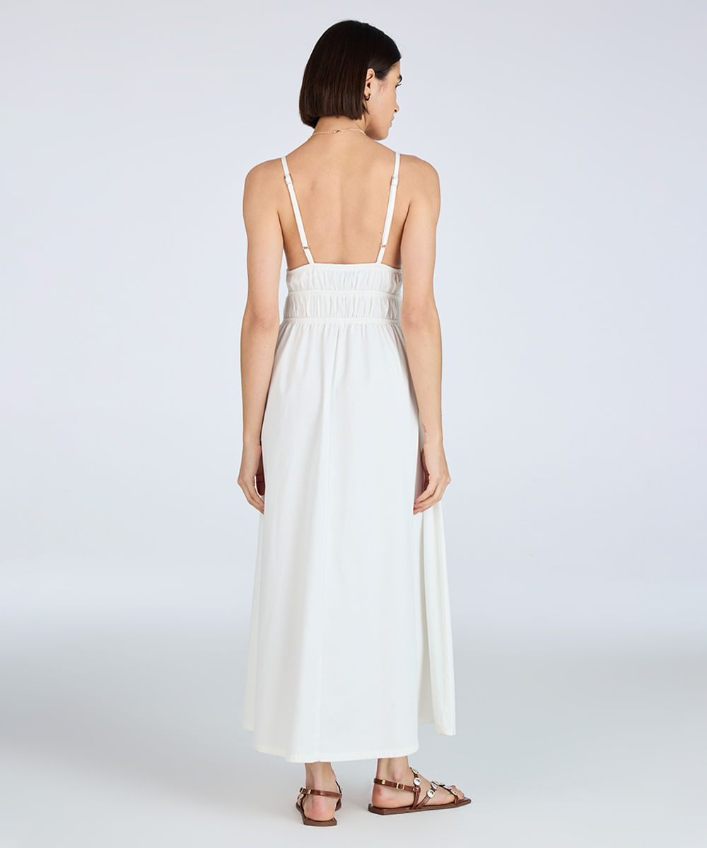 vestido midi feminino de sarja decote v com pregas off white