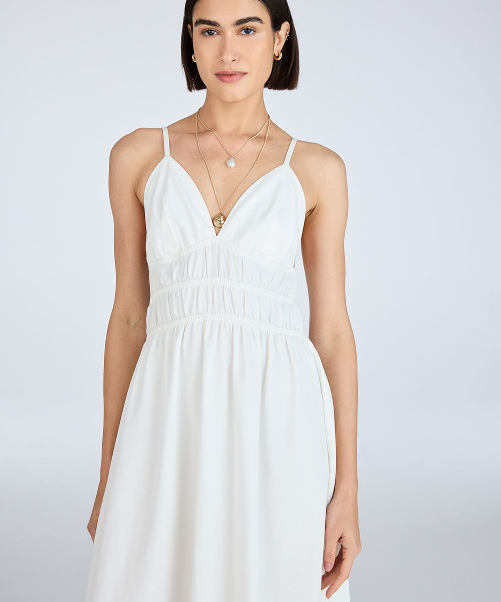 vestido midi feminino de sarja decote v com pregas off white