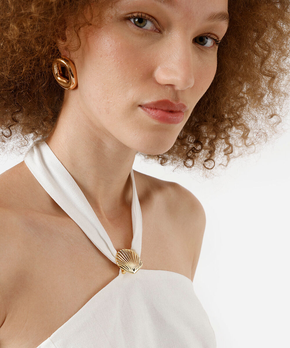 vestido curto feminino em viscose com linho halterneck off white