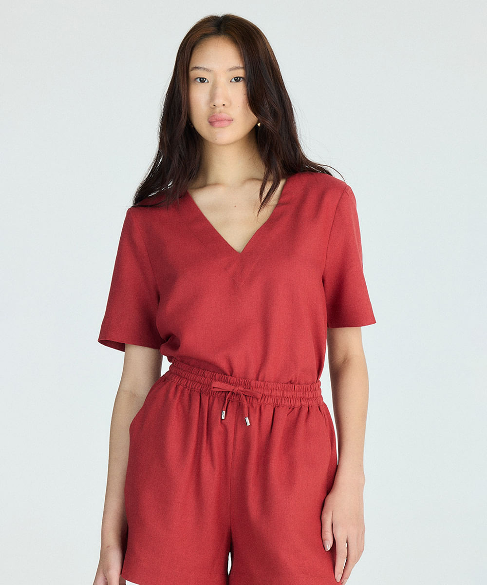 blusa feminina com linho decote v básica vermelha