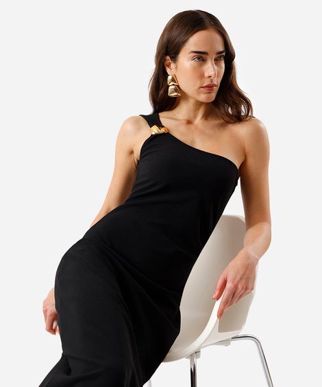 vestido midi feminino ombro único franzido preto