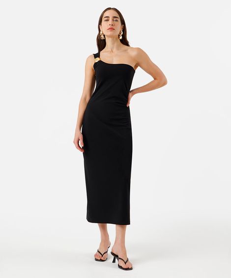 vestido midi feminino ombro único franzido preto