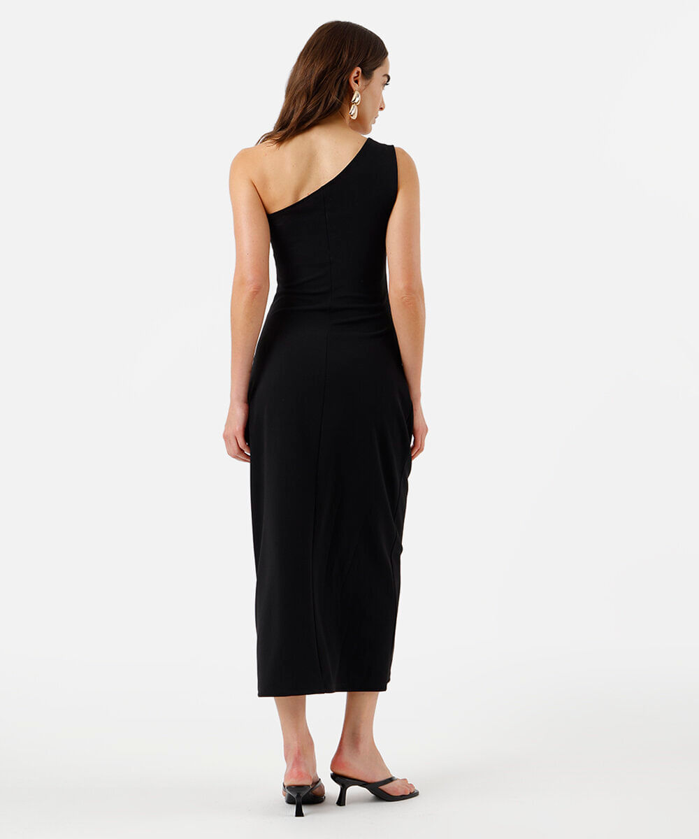 vestido midi feminino ombro único franzido preto