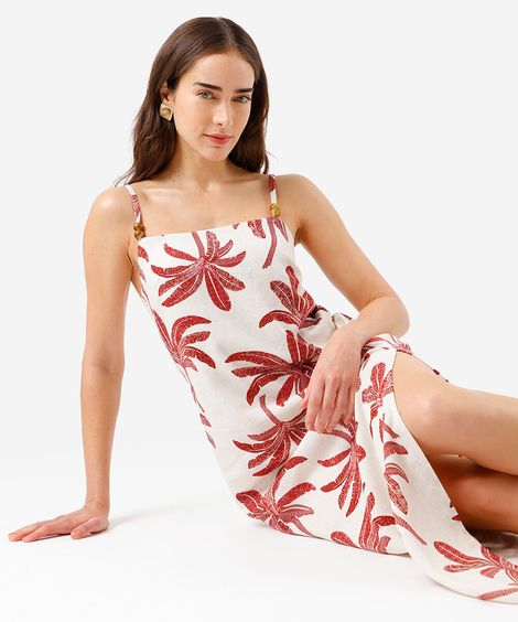 vestido longo alça fina feminino com linho e fenda folhagens colorido