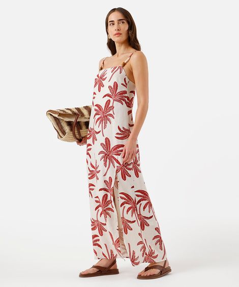 vestido longo alça fina feminino com linho e fenda folhagens colorido