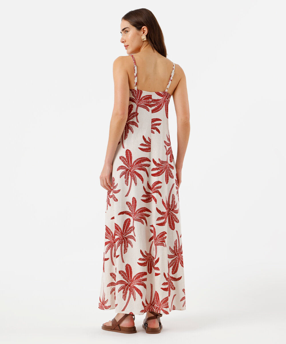 vestido longo alça fina feminino com linho e fenda folhagens colorido
