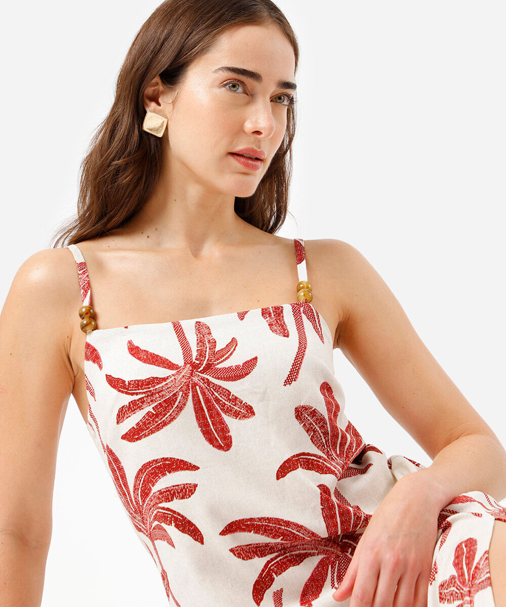 vestido longo alça fina feminino com linho e fenda folhagens colorido