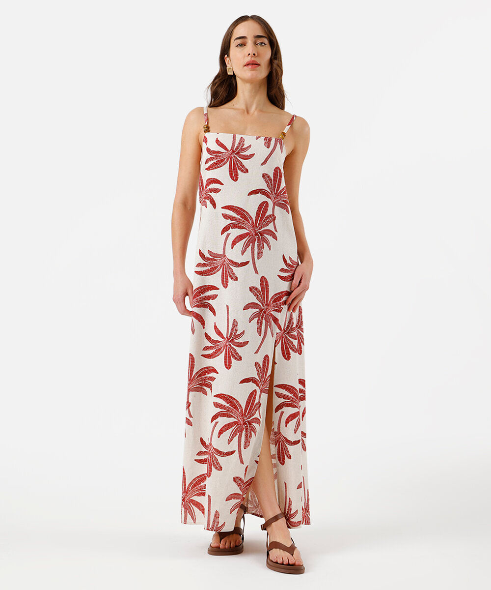 vestido longo alça fina feminino com linho e fenda folhagens colorido