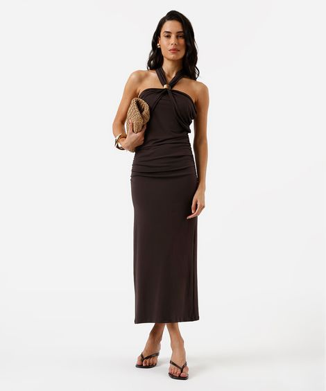 vestido midi feminino frente única franzido marrom