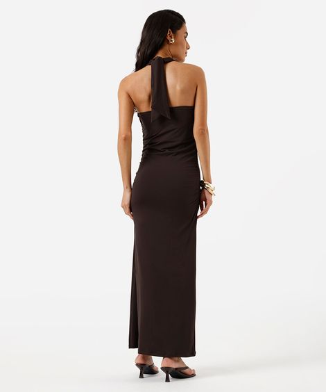 vestido midi feminino frente única franzido marrom