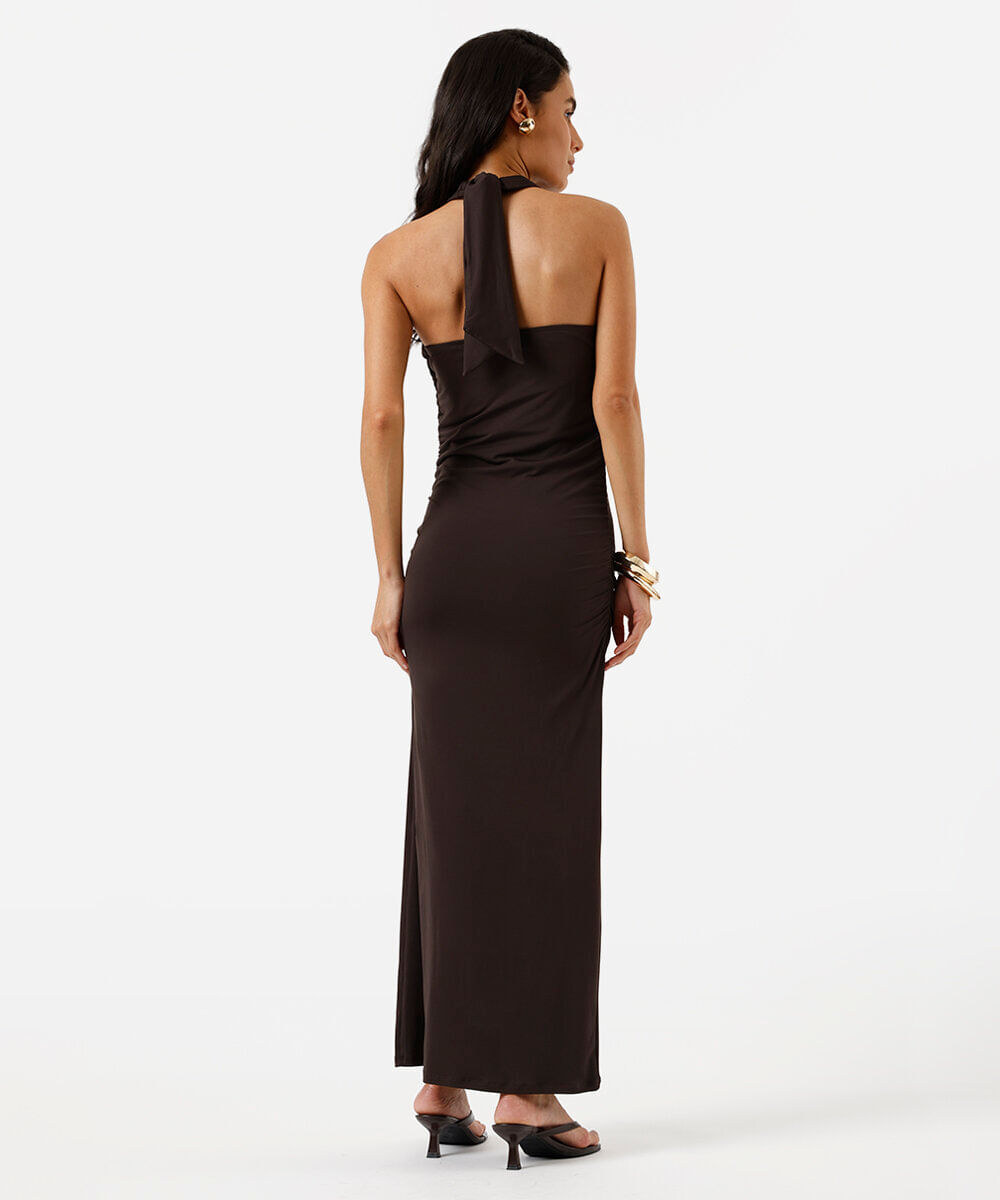 vestido midi feminino frente única franzido marrom