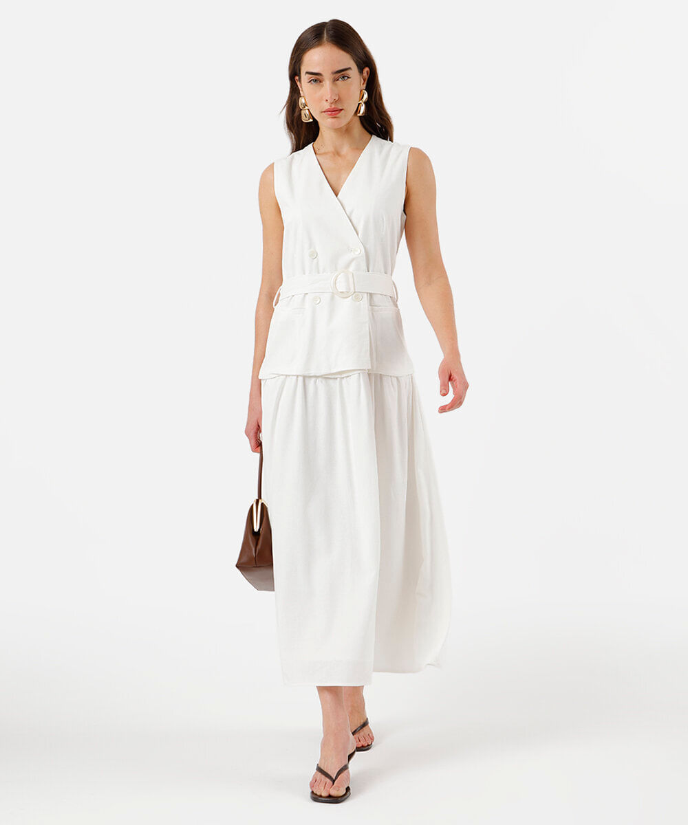 vestido midi feminino com linho decote v off white